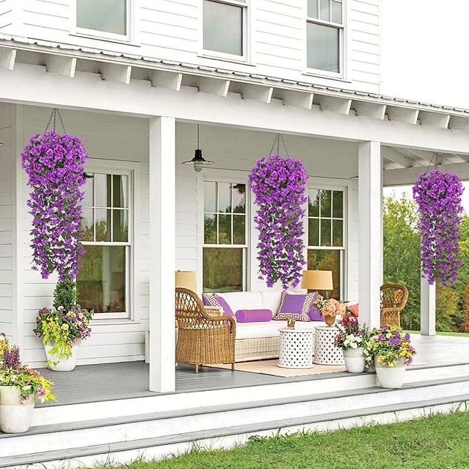 Ouddy Decor 4 Pcs Artificial Hanging Flowers Fake Hanging Plants Violet Flowers Vine Garland for Home Indoor Outdoor Garden Patio Yard Room Porch Wedding Decoration, Purple
