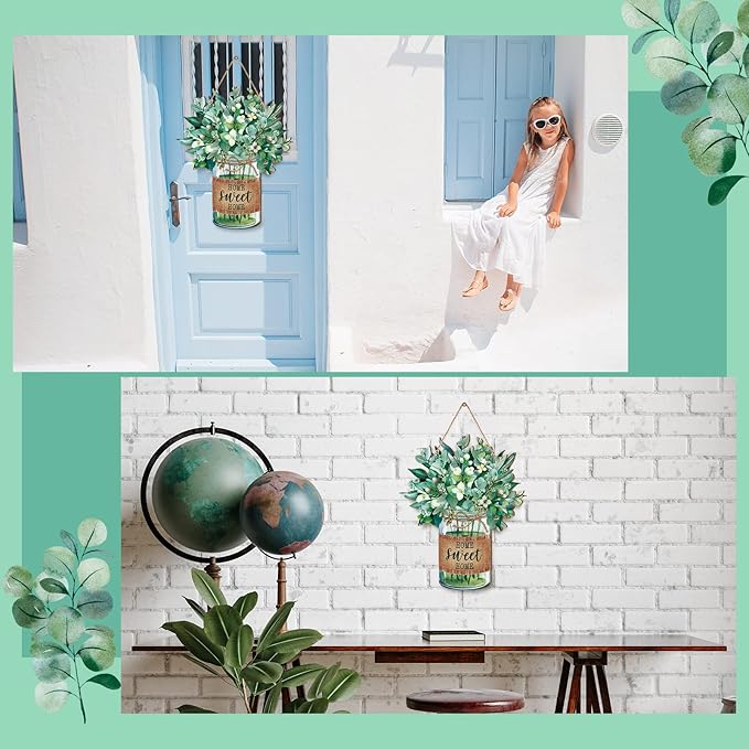 Karenhi Sweet Home Welcome Wooden Sign for Front Door Sweet Home Wooden Hanger Summer Door Sign Wood Spring Hanging Decorations Farmhouse Porch Decor for Outdoor Housewarming Gift