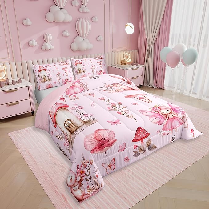 Erosebridal Pink Fairy Garden King Bedding Sets - Mushroom Floral Comforter Set for Girls Kids, Pink Butterfly Flower Bunny Bed Set | Whimsical Fairies Room Decor with 2 Pillowcases
