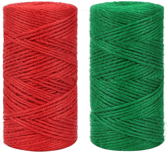 Tenn Well Red Green Jute Twine, 328 Feet x 2 Rolls 2mm Colored Christmas Twine String for Gift Wrapping, Holiday Decorations, Bundling, Gardening, DIY Crafts