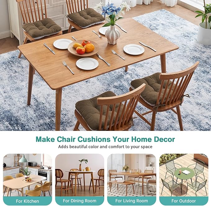 BETU Chair Cushions for Dining Chairs Set of 4,3.5" Thick Kitchen Table Chair Pads with Ties,Non Slip Backing and Covers, Seat Cushion for Dining Room,Bar,Patio Chairs,16"X16"X3.5",Brown