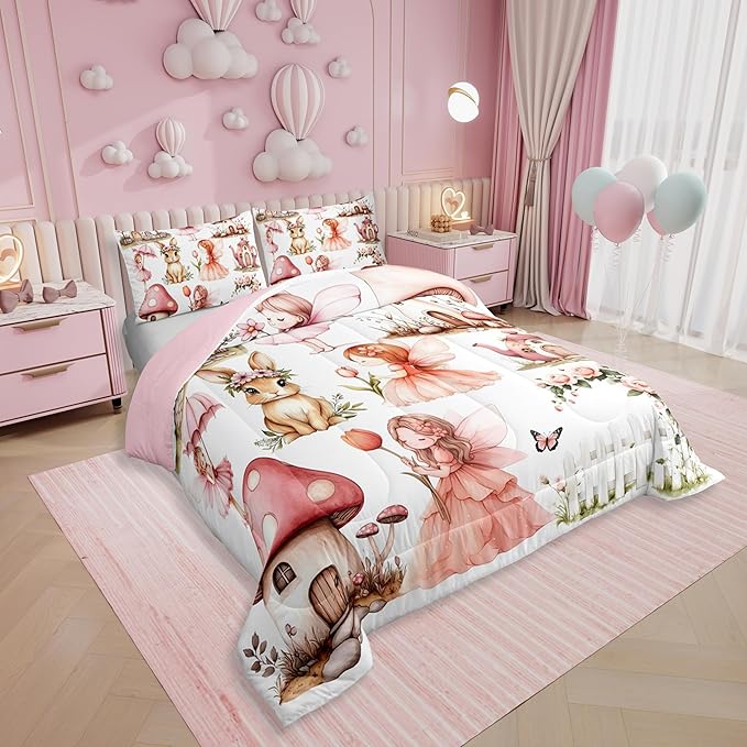 Erosebridal Pink Fairy Garden Twin Comforter Set - Mushroom Floral Bedding Sets for Girls Kids, Butterfly Flower Bunny Bed Set | Kawaii Fairies Girly Room Decor with 1 Pillowcase