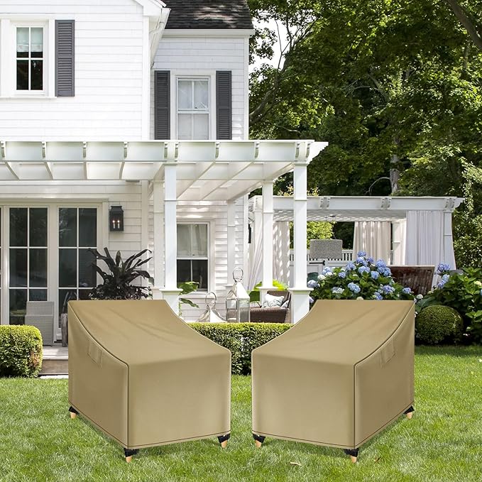 WLEAFJ Outdoor Chair Covers Waterproof, Khaki Lawn Patio Furniture Covers, Heavy Duty Wicker Garden Sofa Chair Cover, 2 Pack - 31.5" W x 33.5" D x 36" H