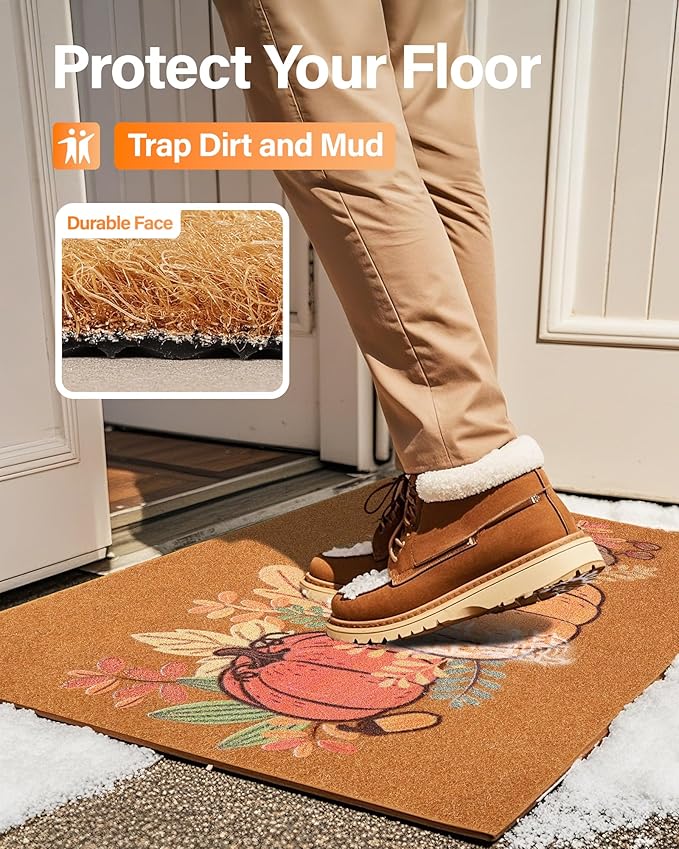 Door Mat Outside Entrance 30''x17'': Door Mat Ultra-Thin/Non-Slip/Waterproof/Washable Pumpkin Design for Outdoor - Faux Coir Welcome Matt for Front Entrance Fall/Halloween Decor