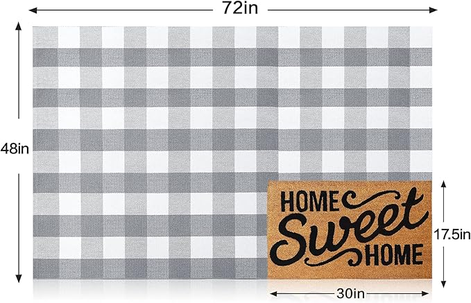 MUBIN Cotton Buffalo Plaid Rug, 4'x 6' Grey and White Outdoor Rug Front Door Decorative Mat, Hand-Woven Foldable Rug for Layered Door Mats Washable Carpet for Front Porch, Entryway, Farmhouse