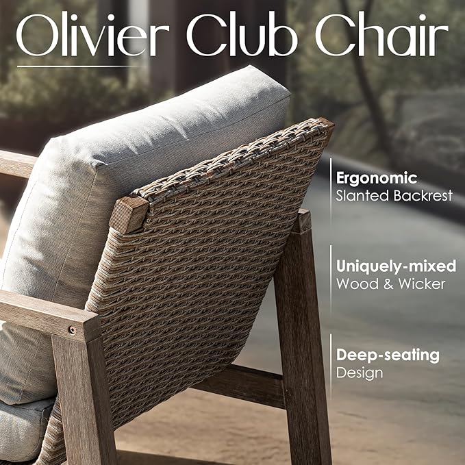 Idzo Olivier Eucalyptus Outdoor Club Chairs Set of 2, 400lbs Heavy Duty Wood Patio Furniture Set, Ergonomic Slanted Backrest Design, 4.5in Thick Cushion