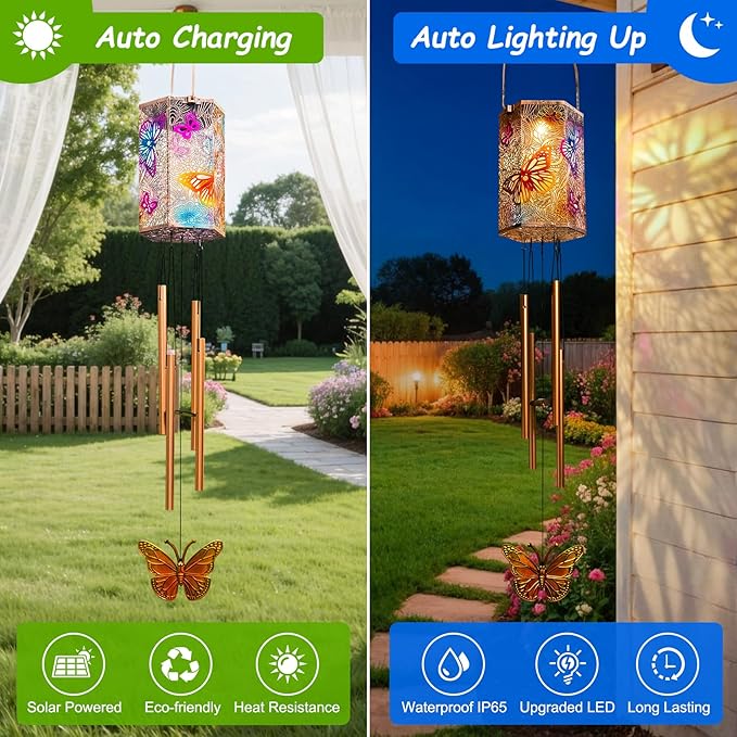Homeimrpo Solar Wind Chimes Lights for Outside, Butterfly 3D Multicolor Waterproof Solar Lantern Chimes Outdoor Lights Hanging Decor for Garden, Porch, Yard Gifts for Mom Grandma