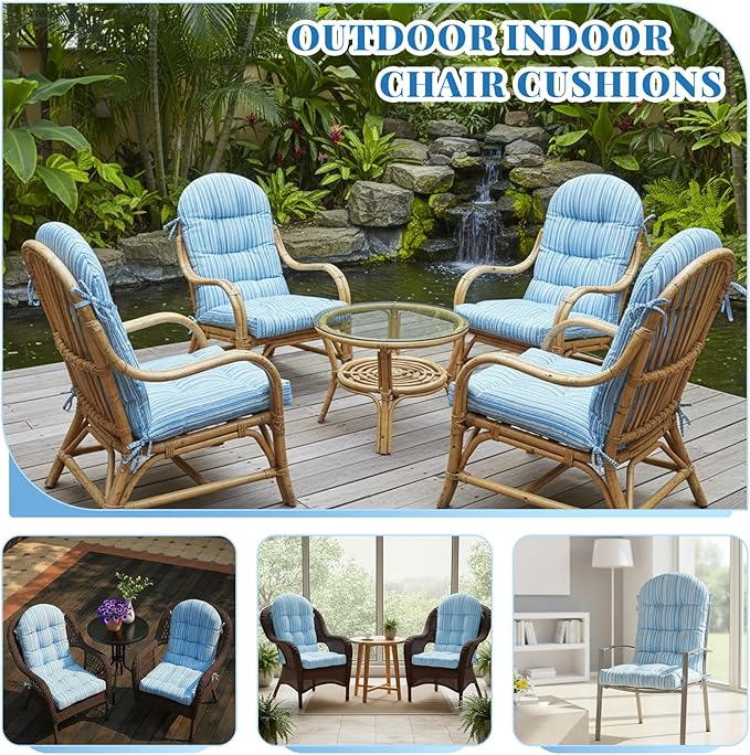 Geelin 4 Pcs Adirondack Chair Cushion High Back Patio Rocking Chair Cushion 44 x 19 x 4 Inch Tufted Weather Resistant Fade Resistant Seat for Patio Rocking Seat (Blue Stripes)
