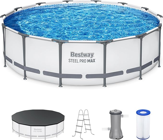 Bestway Steel Pro MAX 14' x 42" Above Ground Pool, Round Metal Frame Outdoor Swimming Pool Set with Filter Pump, Ladder, and Cover, Gray