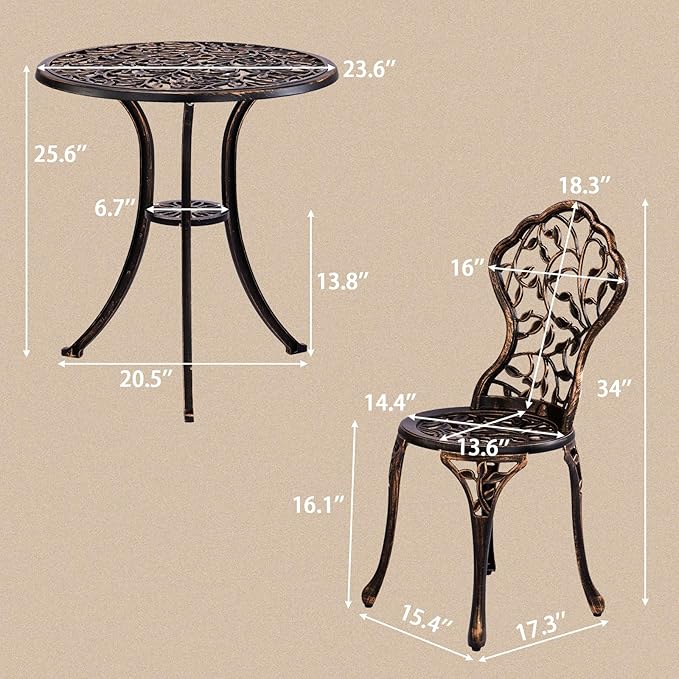 VINGLI 3 PCS Outdoor Bistro Set, Outdoor Patio Set, All-Weather Cast Aluminum Bistro Table Set, Bistro Table and Chairs Set of 2 for Backyard, Garden, Balcony (Bronze, Leaf)