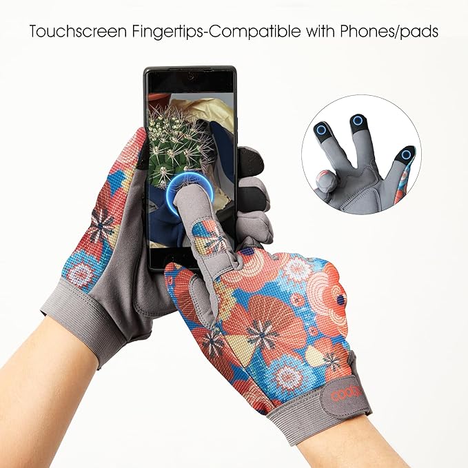 COOLJOB Medium Gardening Work Gloves for Women Ladies, Thorn Proof for Rose Pruning, Cactus Handling, Blackberry Bush Planting, Puncture Resistant Anti-Slip Flexible, 1 Pair M Floral Orange