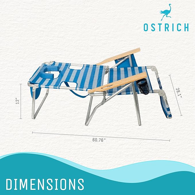 Ostrich 3-in-1 Chair For Relaxing, Beach For Arm Rest, Head Support, Adjustable Lumbar, Aluminum, Striped