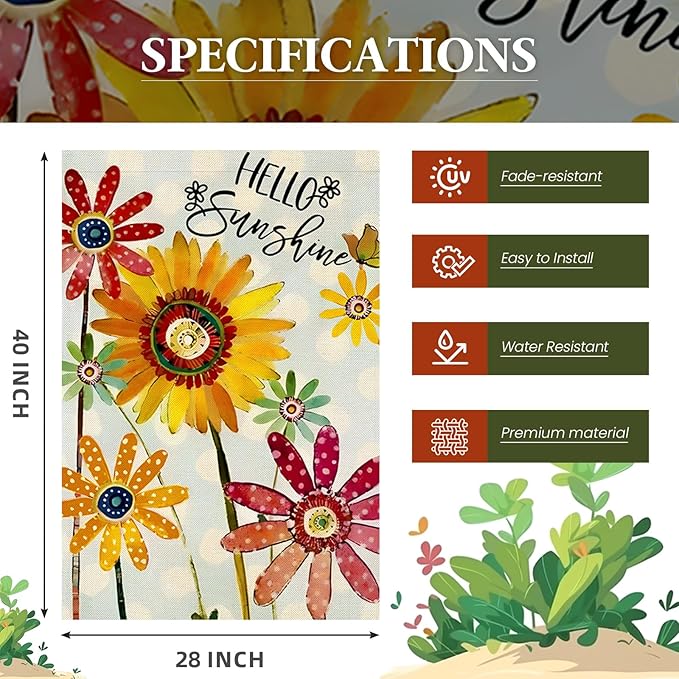 Spring Flowers House Flags for Outdoor, Hello Sunshine Sunflower Daisy Yard Flags for Outside,Summer Seasonal Decorative Flag for Farmhouse Holiday Decoration 28x40 Inch Double Sided