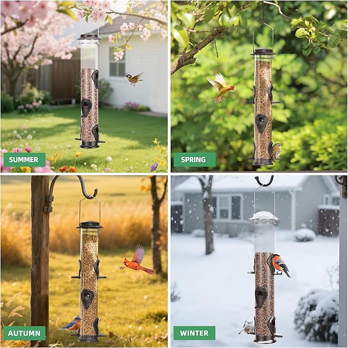 MIXXIDEA 2PK Metal Bird Feeders with 6 Feeding Ports,Tube Bird Feeder with Steel Hanger,Hard Plastic Wild Bird Feeder for Outdoors Hanging, Attracting Birds in Your Lawn, Garden, Balcony (Coffee)