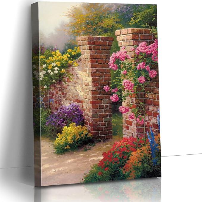STUDIO HAVEN Thomas Kinkade Canvas Wall Art, Vibrant Floral Archway Climbing Roses Colorful Blooms Rustic Charm Oil Painting Poster Outdoor Scene Wall Decor, Framed Prints for Home Decor, 12x16Inch
