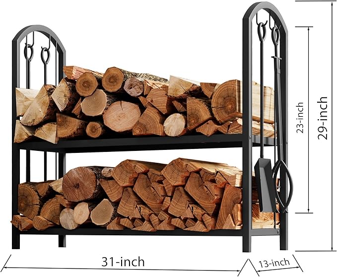 Fire Beauty Fireplace Firewood Log Rack 5-Piece Storage Logs Holder with Tools Set with 4 Tools Set Fireside Holders Wood Lumber Storage Stacking Black