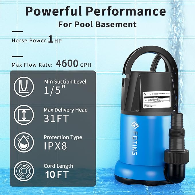 FOTING Sump Pump 1HP Clean/Dirty Submersible Water Pump,4600GPH Utility Pump Thermoplastic Electric Portable Transfer Water Pump for Swimming Pool Pond Basement with 10ft Power Cord,Manual