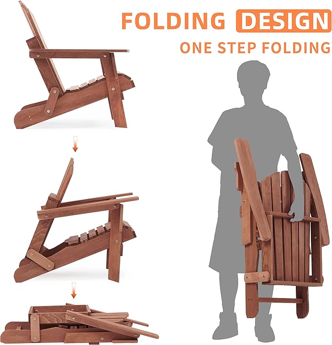 Oversized Wooden Folding Adirondack Chair with Pre-Assembled Backrest and Seat Board, Lounge Chair for Outdoor Patio Garden Lawn Backyard Firepit Deck Pool Beach