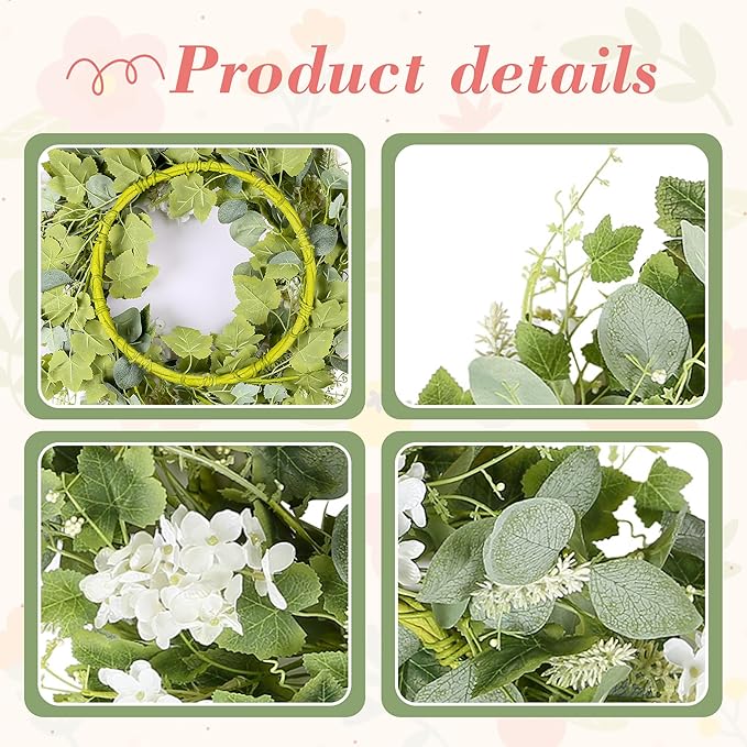 YNYLCHMX 18" Spring Summer Wreaths for Front Door, Artificial Wreath with White Flowers Grapevines Green Eucalyptus Leaves, Green Foliage Wreath for Wall Window Farmhouse Party Holiday Home Decor