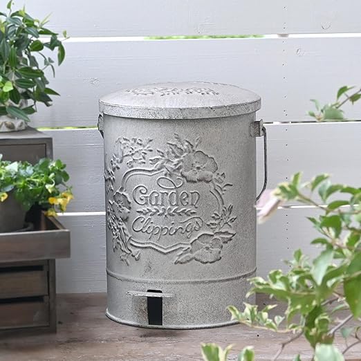Z&Z ornamentorum Outdoor Small Trash Can with Lid Dog Poop Trash Can Outside for Kitchen Park Garden and Pedal Round Touchless Garbage with Flower and Bird Patterns Gray