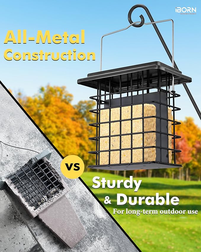 iBorn Double Suet Feeder for Outside Hanging,Weatherproof Suet Feeders,Suet Holder with Taller Grid for Woodpecker, Suet Cage Bird Feeders for Outdoors,Easy to Clean & Refill,All Metal,Black