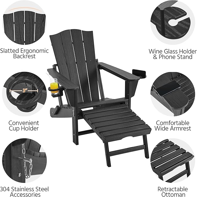 Yaheetech Adirondack Chair with Retractable Ottoman, All Weather Patio Folding Fire Pit Chair with Cup Holder and Phone Holder for Outdoor Poolside, Black