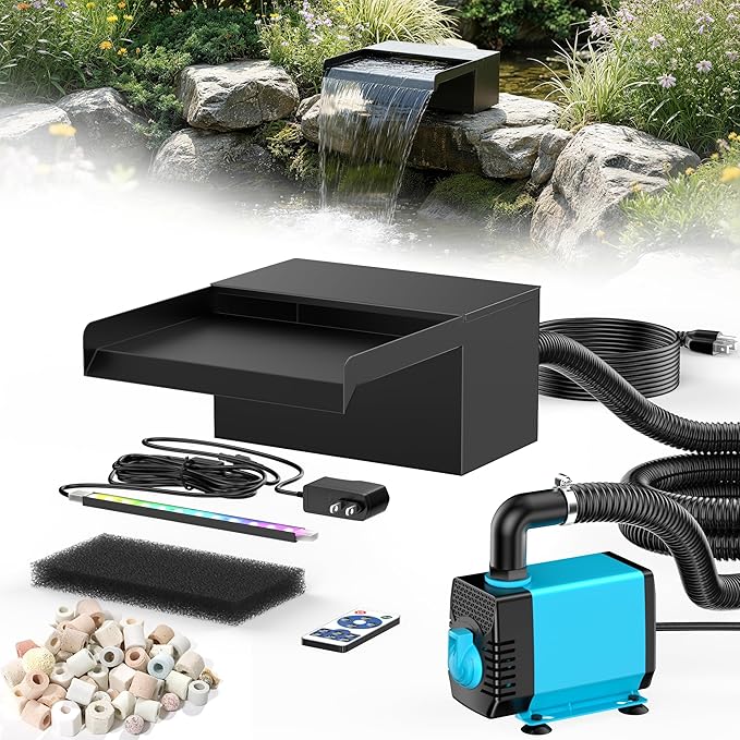 POPOSOAP 8inch Pond Waterfall Spillway with RGB LED Lights & 660GPH Pump Kit - APP/Remote Control, 304 Stainless Steel Pond Spillway with 9.8FT Tubing for Garden Ponds Landscape Water Features-P42DY