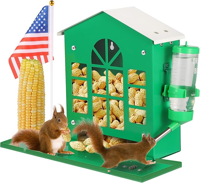 Metal Squirrel Feeder for Outside, Hanging Squirrel House for Outdoors with Water Bottle, Flag and Corn Cobs Holder, Peanut Feeder for Chipmunks, Easy to Mount on Trees or Fences