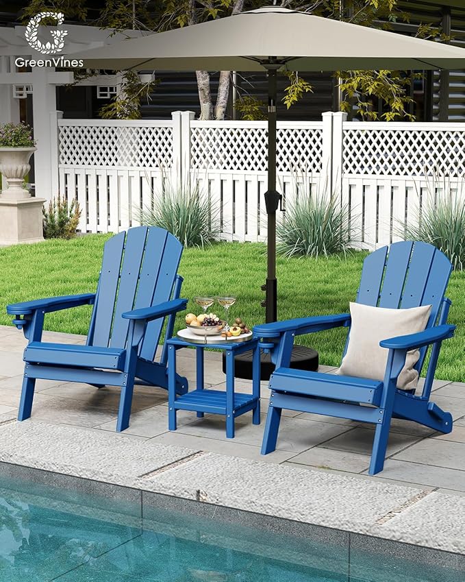 GREENVINES Folding-Adirondack-Chair | HDPE Plastic | Fire Pit Chairs | All Weather | Cup Holder | Blue | for Deck Backyard Patio Outdoor Garden