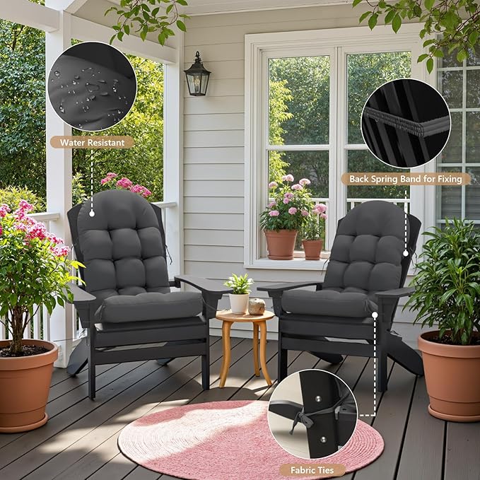 Adirondack Chair Cushion Set of 4, Rocking Chair Cushions, High Back Patio Cushions, Thickened Weather Resistant Patio Cushion with 6 Ties, Non Slip Fade & Waterproof