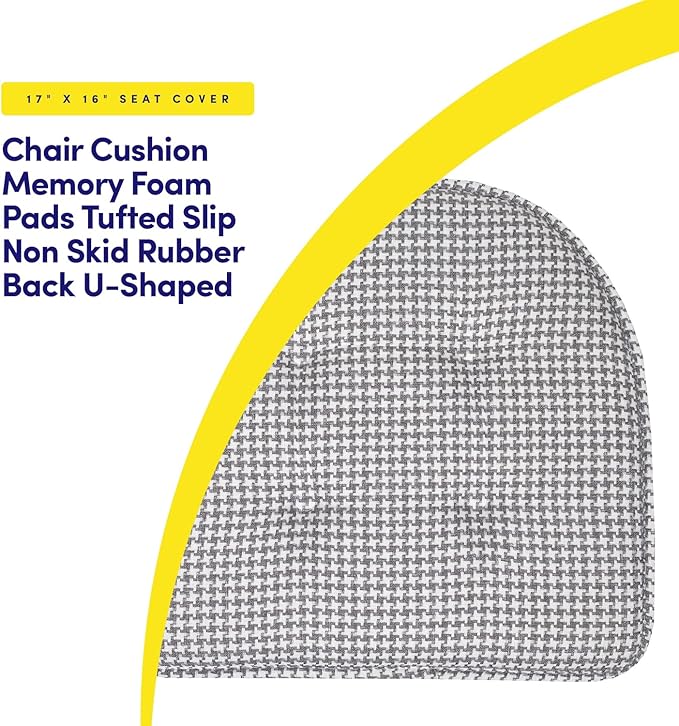 Sweet Home Collection Chair Cushion Memory Foam Pads Tufted Slip Non Skid Rubber Back U-Shaped 17" x 16" Seat Cover, 4 Count (Pack of 1), Houndsooth Gray