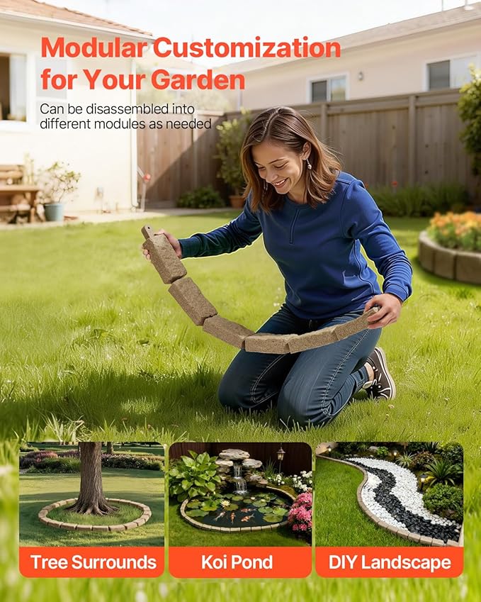 VEVOR Faux Stone Landscape Edging, No Dig Garden Edging Border, Flexible Blocks for Lawn Edging, Flower Beds, Driveway, Yards with 12 Spikes, 4 Pack 24 Bricks 16FT Kit, 46.5" Lx 3.7" W x 2.2" H, Beige