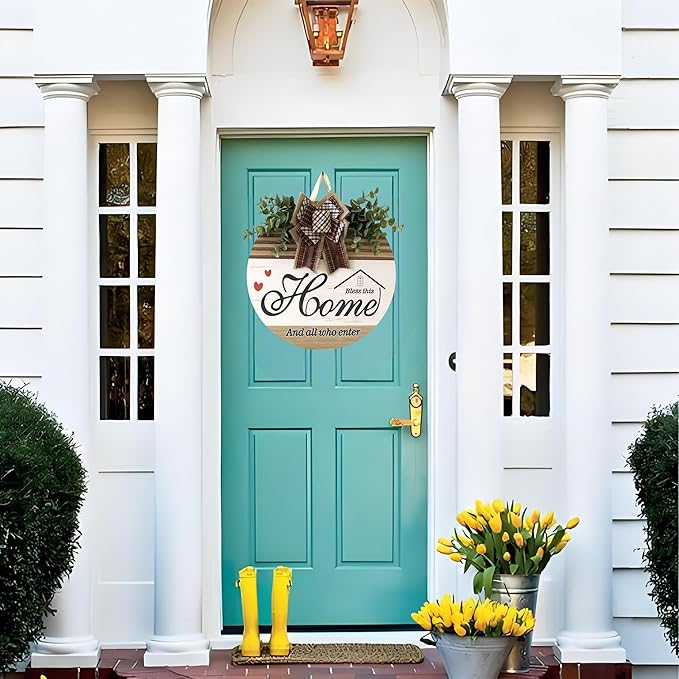 Welcome Sign Front Door Decoration 12 Inch Round Wood Wreath Wall Hanging Outdoor, Farmhouse, Porch, Suitable for Spring Summer Fall Seasons Holidays Christmas (Pink)