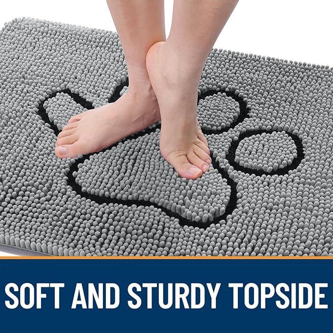 OLANLY Dog Door Mat for Muddy Paws 59x35, Paw Print Design, Absorbs Moisture and Dirt, Absorbent Non-Slip Washable Doormat, Quick Dry Chenille Mud Mat for Dogs, Entry Indoor Entryway Carpet, Grey