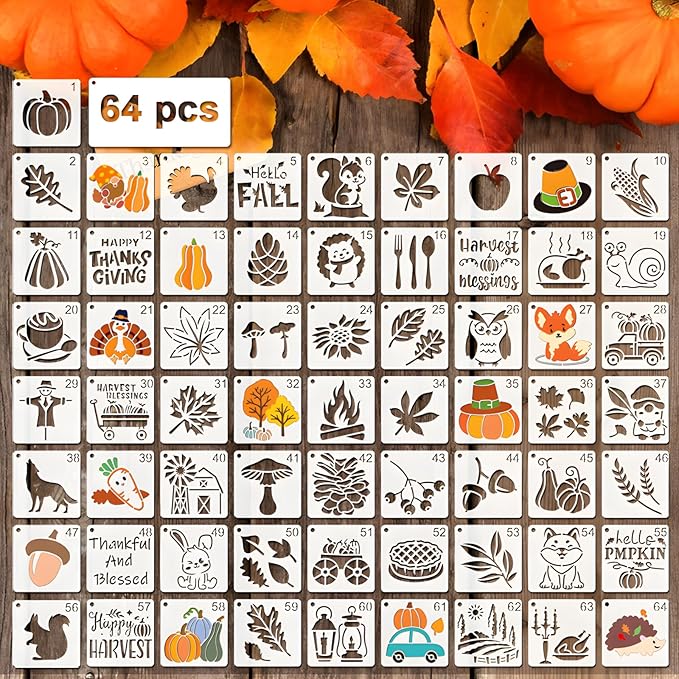 Felixcraft Thanksgiving Stencils for Painting, 64PCS 3x3 Inch Plastic Fall Stencils for Crafts Reusable, Durable PET Material for Wood Signs, Wall Art, Fabric Painting, and Festive DIY Art Projects