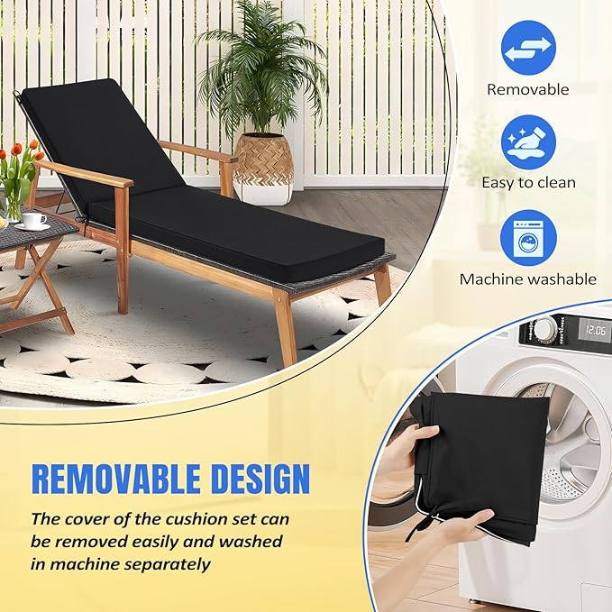 Basic Beyond Chaise Lounge Cushions Outdoor, 3-Layer Waterproof Outdoor Furniture Cushions with Removable Cover and 4 Ties, 72"x21"x3" Patio Lounge Chair Cushions for Outdoor Furniture, Black