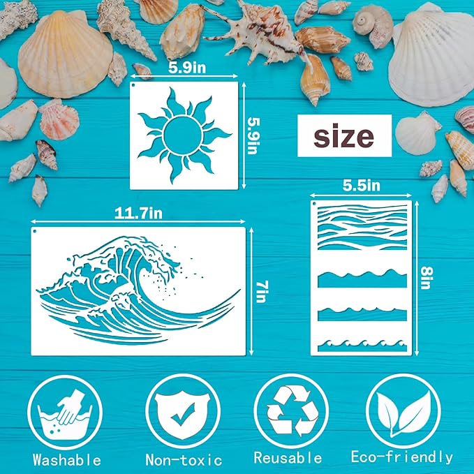yhslmh Beach Wave Stencils for Painting on Wood Reusable Canvas Nautical Sunrays Stencil for Crafts Kids Art Projects Drawing Card Making Pattern for Wall Decorative (Sunrays Wave)