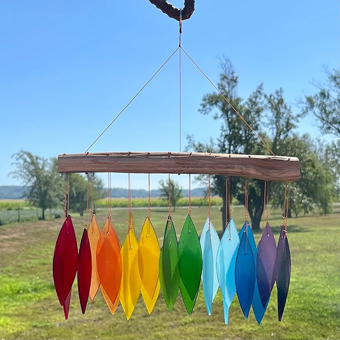 Blue Handworks Rainbow Glass Chime, Sandblasted Glass and Found Wood Handcrafted Wind Chime