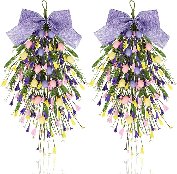2 Pack 24'' Easter Teardrop Swags for Front Door Pastel Easter Eggs Teardrop Wreath Artificial Spring Floral Hanging Swags with Ribbon Berry for Farmhouse Home Outdoor Window Cabinet Wall Decor