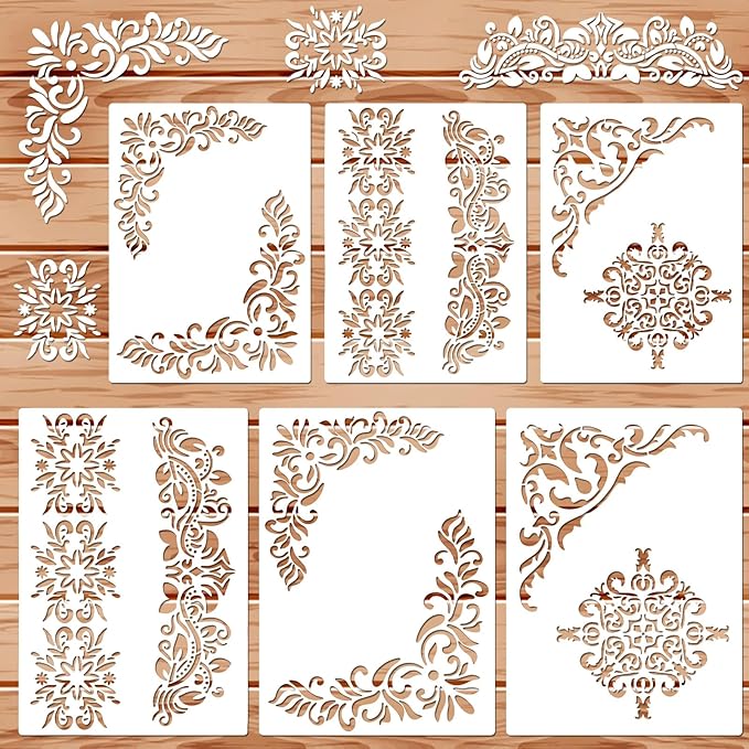 6Pcs Craft Stencils for Painting Vintage, Vintage Paint Stencils for Furniture Corner, Stencil Corners for Wood Canvas Paper Fabric Floor DIY Art