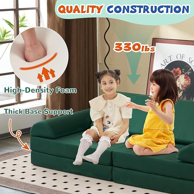 jela Kids Couch Safety Certified Play Couch Soft Kids Sofa with Machine Washable Cover Thick Foam Fort Building Set for Playroom Indoor (57"x28"x18", Pine Green)