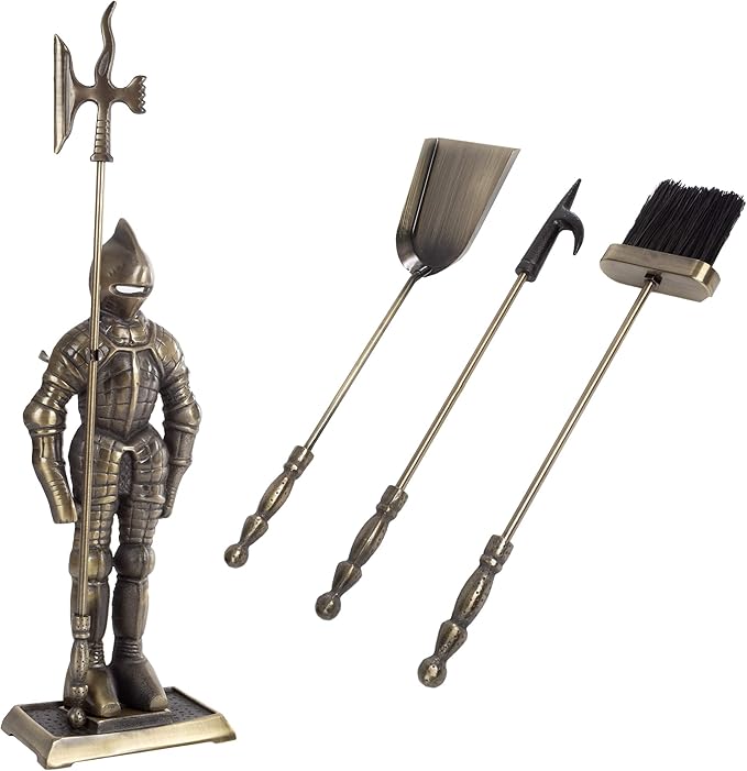 Lavish Home 3-Piece Fireplace Tool Set- Medieval Knight Cast Iron Statue Holds Heavy Duty Essential Tools - Includes Shovel, Broom & Poker
