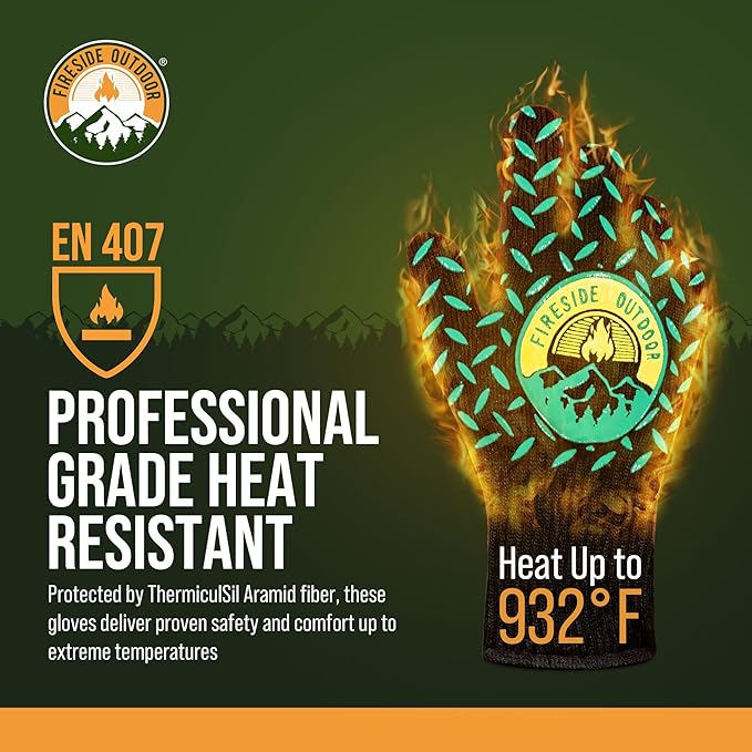 Fireside Outdoor Thermal BBQ Gloves Heat Resistant Cooking - Thermal Grill Gloves, Oven Mitts Heat Resistant, Oven Glove for Campfire Grilling, BBQ Mitts, Meat Smoking Accessories - 932°F Resistance