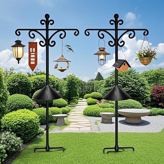 92Inch Shepherds Hooks for Outdoor with Squirrel Baffles – 6 Adjustable Hooks, 5 Prongs Base – Tall Bird Feeder Pole & Garden Stand for Hanging Plants, Lanterns, Hummingbird Feeders
