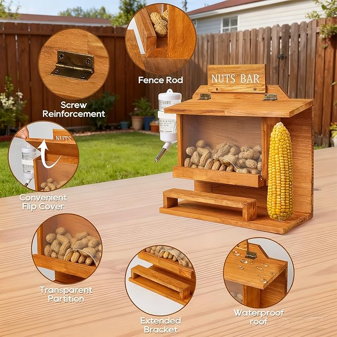 Nut Bar Squirrel Feeder, Squirrel Feeders for Outside, 11.8" Large Squirrel Picnic Table Peanut Corn Cob Feeder, Wooden Squirrel Picnic Table Feeder for Corn Peanut, Chipmunk Feeder Box