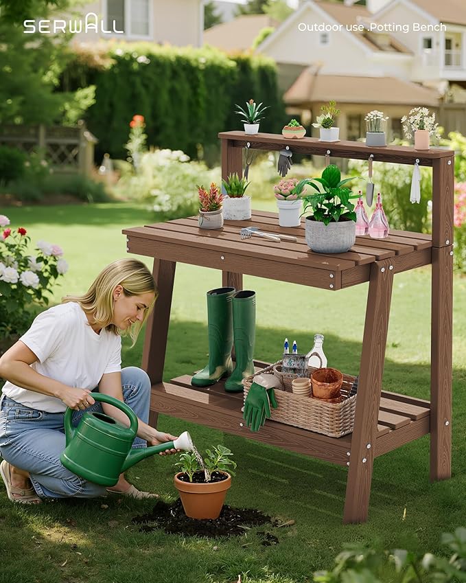 SERWALL Potting Bench Outdoor with Storage, 3-Tier HDPE Gardening Table with Angled Legs & Tool Hooks, All-Weather Heavy Duty Potting Table for Patio, Backyard, Garden, Brown