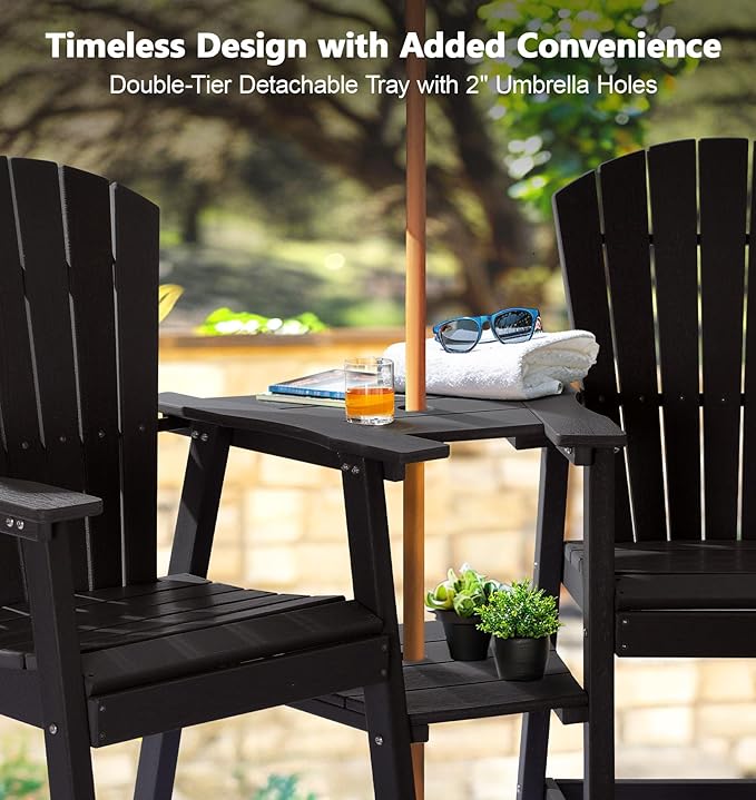 PASAMIC Tall Adirondack Chair Set of 2, All-Weather HDPE Outdoor Chairs with Removable Double Trays, Bar Height Adirondack Chairs for Balcony, Deck, Patio, Backyard, Black