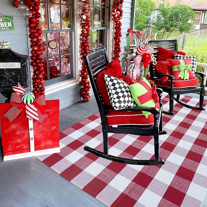 Christmas Outdoor Mat Buffalo Plaid Christmas Decor Rug Cotton Hand-Woven Layered Door Mats Washable Carpet for Front Porch, Kitchen, Farmhouse, Entryway