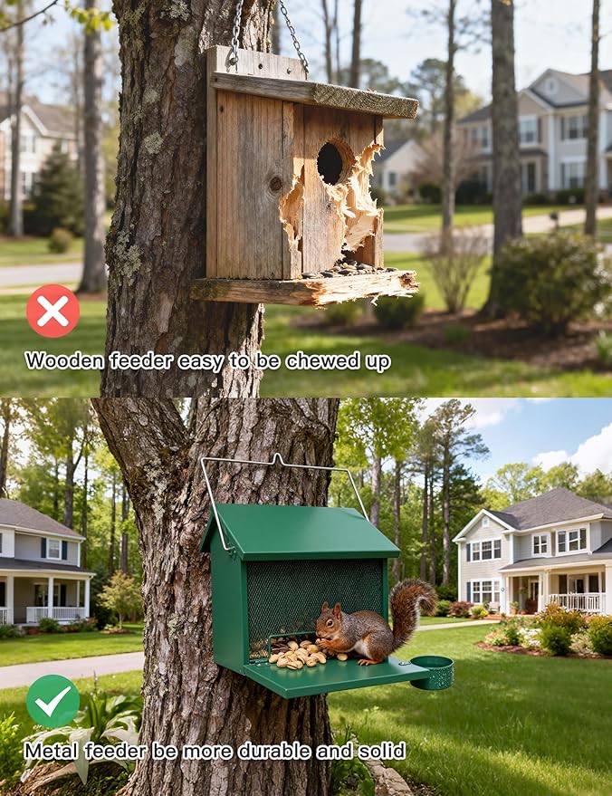Metal Squirrel Feeder, Hanging Squirrel Feeders for Outside, Chipmunk Hanging House Box with Water Bowl for Corn, Nut, Peanuts