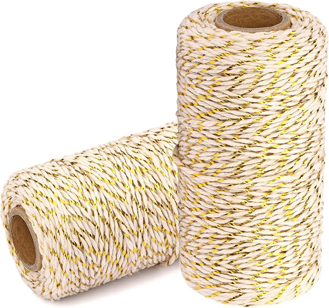 Cotton Twine String Bakers Rope: 2 Roll Twines for Crafts Gift Wrapping - 656 Feet Gold Wire Beige Twine for Kitchen Cooking